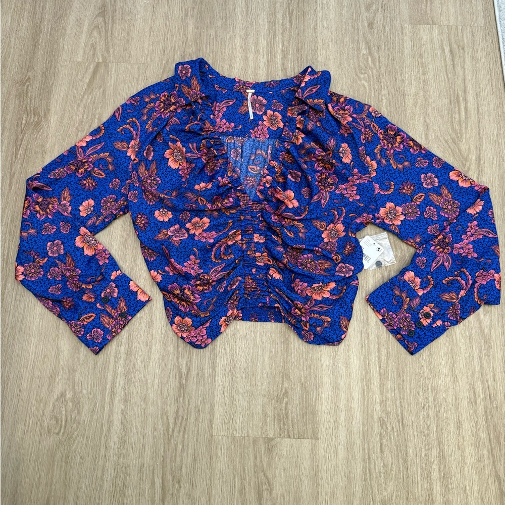 NWT Free People I Got You Floral Smocked Top Royal Combo Size XL Cropped Blouse
